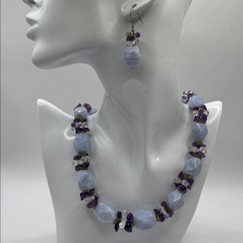 Ross Simons Sterling Blue Lace Agate Amethyst Peridot Necklace & Earring Set